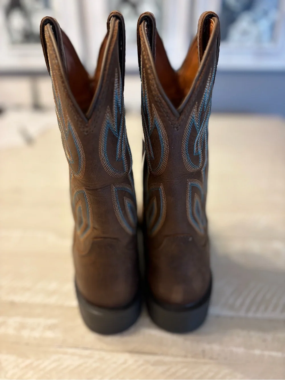 Men’s Justin Boots Brown Leather Western Boots with Blue Stitching